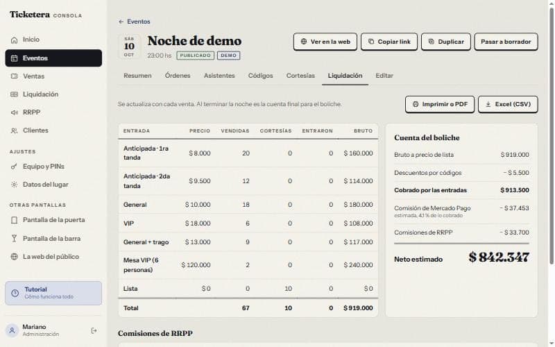 La liquidación de un evento