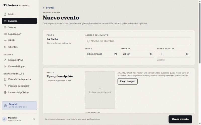 El formulario para crear un evento