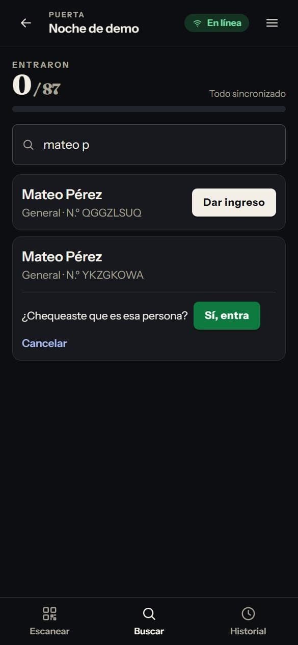 Confirmar el ingreso por nombre