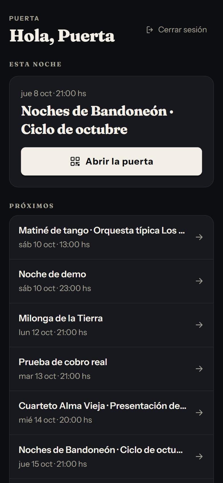 Elegir el evento de esta noche