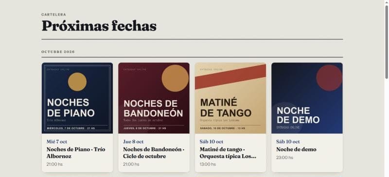 La cartelera de la web con los flyers de las próximas fechas